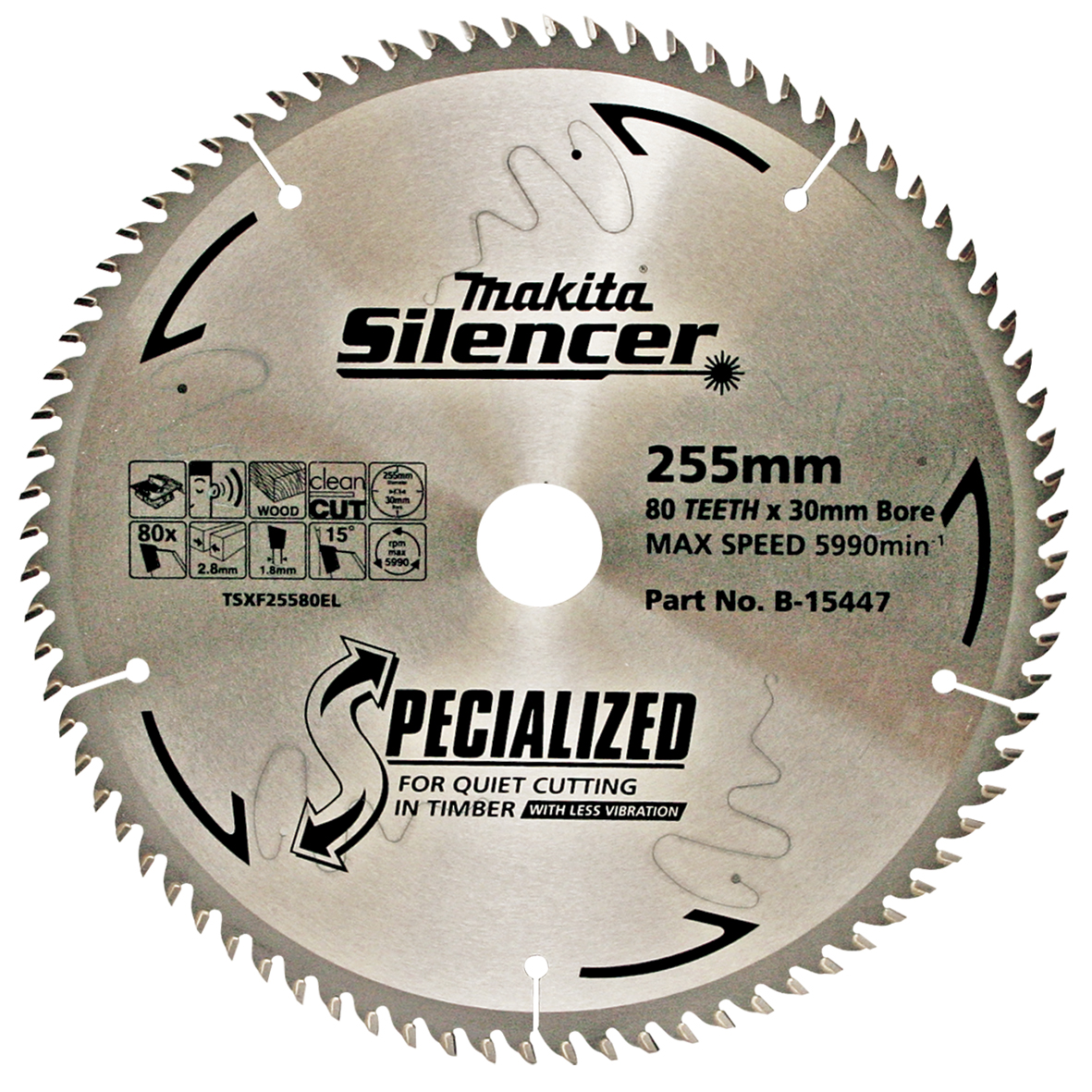 Makita B-15447 Silencer TCT Saw Blade 255mm x 30/25.4mm x 80T - Fine Finish Image