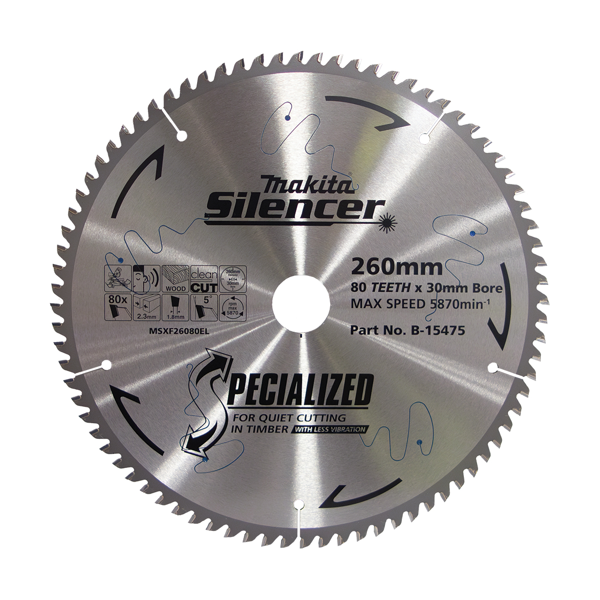 Makita B-15475 Silencer TCT Saw Blade 260mm x 30/25.4mm x 80T - Fine Finish Image