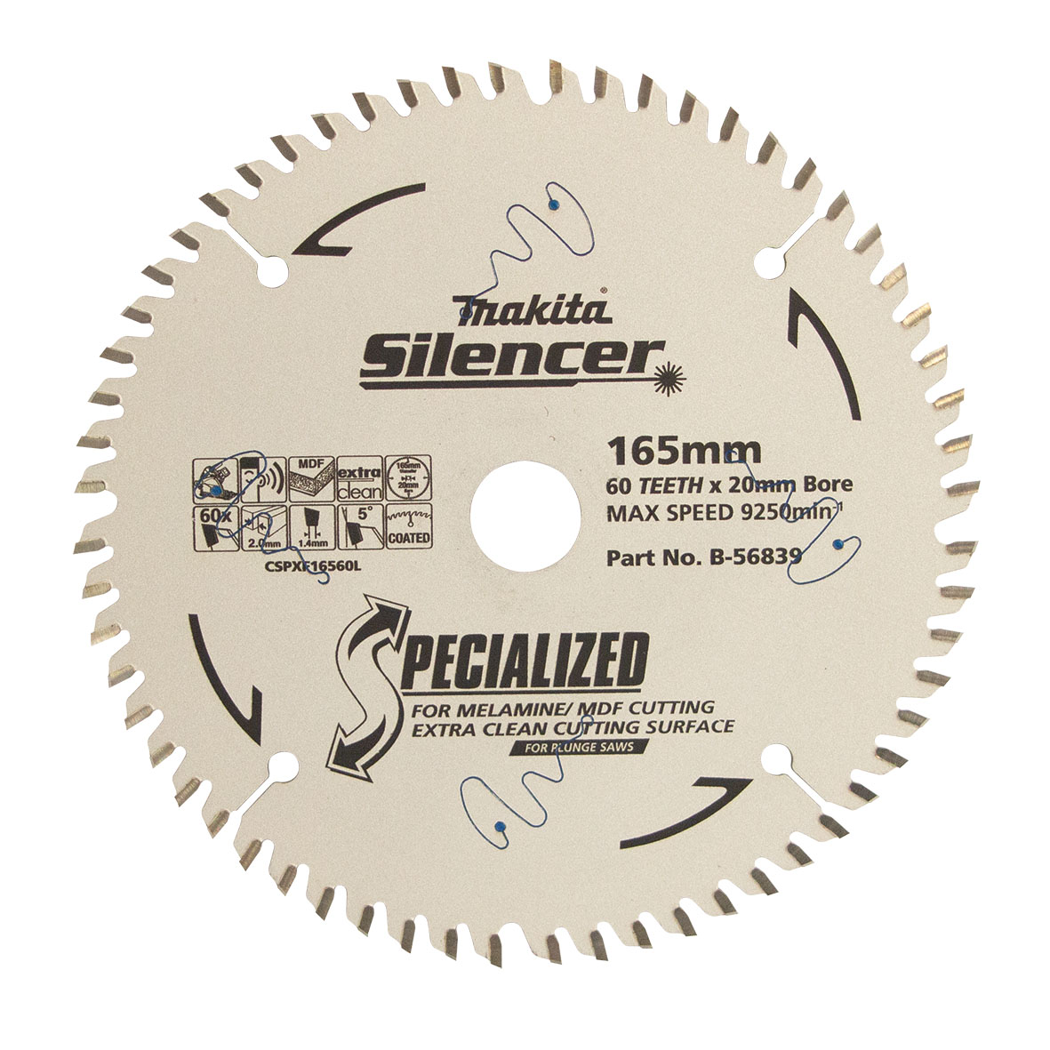 Makita B-56839 Plunge Saw TCT Saw Blade 165mm x 20mm x 60T - Fine Wood Image