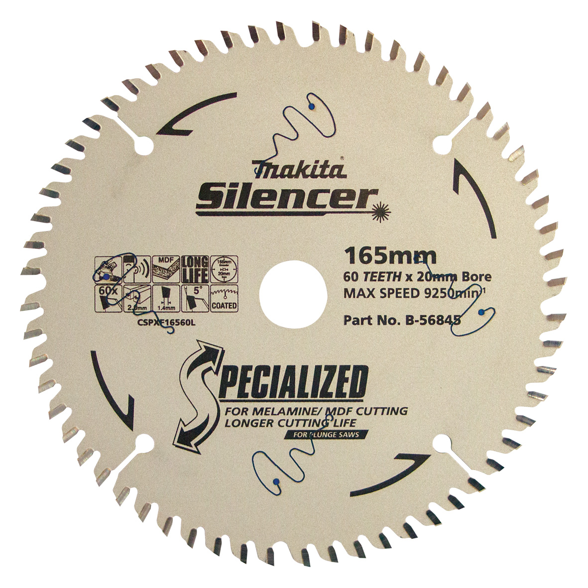 Makita B-56845 Plunge Saw TCT Saw Blade 165mm x 20mm x 60T - Laminate Image