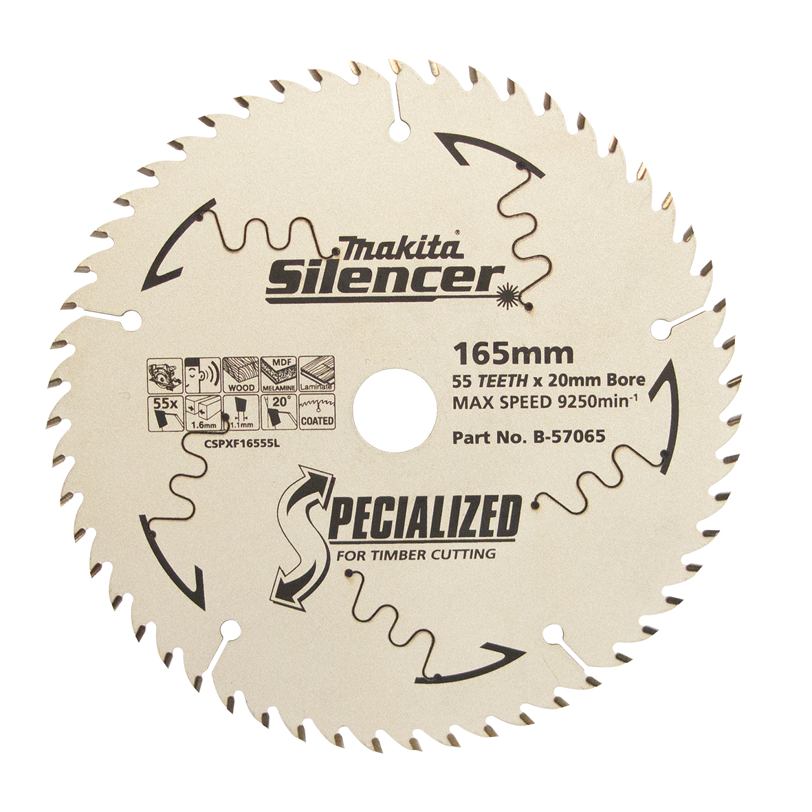 Makita B-57065 Plunge Saw TCT Saw Blade 165mm x 20mm x 55T - Fine Wood Image