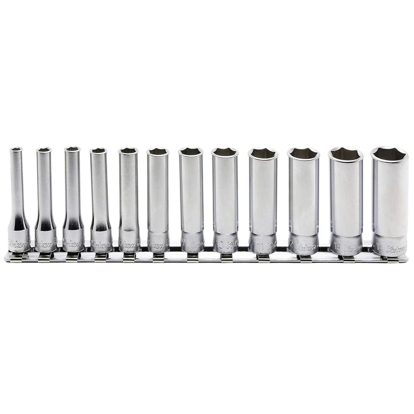 Koken RS2300M/12 1/4″ Square Drive Deep Socket Set 6 Point 12 Piece on Rail 4mm-14mm Metric – Made in Japan Image